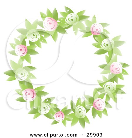 Clipart Illustration of a Round Floral Wreath Of Green And Pink Flowers And Leaves by Melisende Vector