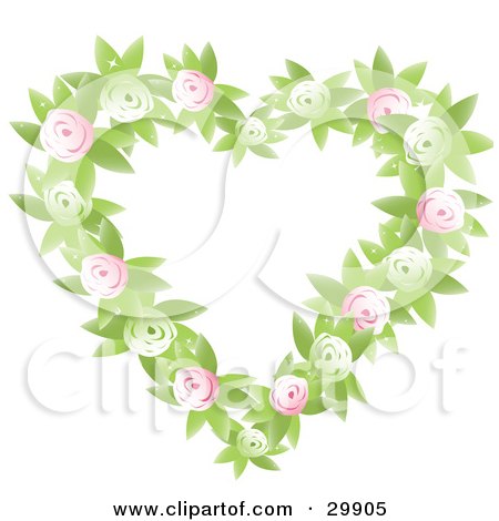 Clipart Illustration of a Green And Pink Rose And Leaf Heart Shaped Floral Wreath by Melisende Vector