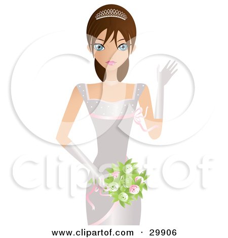 Clipart Illustration of a Beautiful Brunette Caucasian Woman, Bride, Princess Or Beauty Contestant, In A Tiara, White Dress And Gloves, Waving While Carrying A Bouquet by Melisende Vector