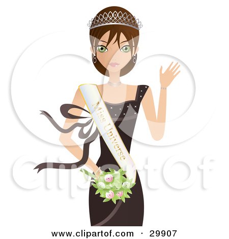 Clipart Illustration of a Pretty Caucasian Brunette Woman With Green Eyes, Wearing A Brown Gown, Tiara And Miss Universe Sash, Carrying A Bouquet And Waving by Melisende Vector