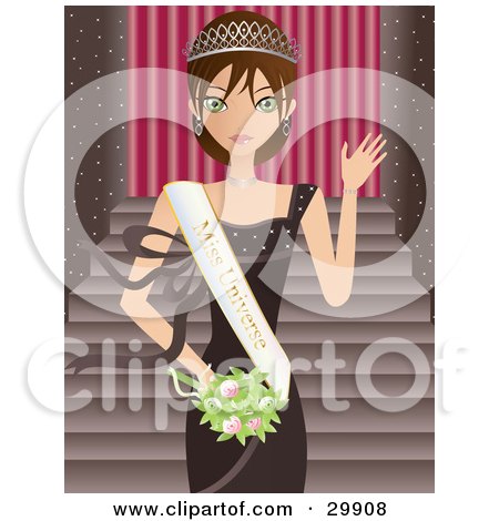 Clipart Illustration of Miss Universe, A Brunette Caucasian Woman Wearing A Brown Dress, Tiara And Sash, Waving And Carrying A Bouquet While Accepting Her Title by Melisende Vector