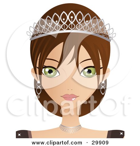Clipart Illustration of a Beautiful Green Eyed Brunette Caucasian Woman In A Tiara And Jewelery by Melisende Vector