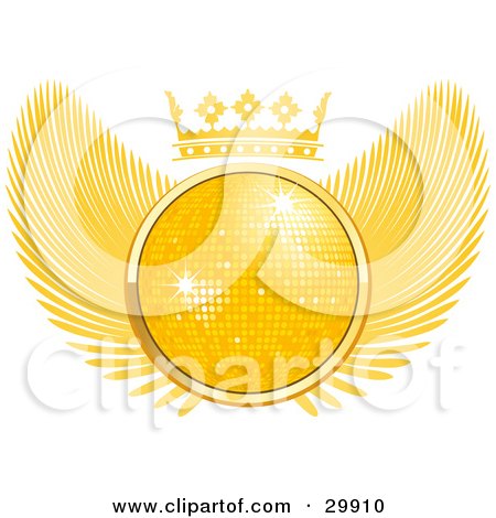 Clipart Illustration of a Golden 3D Disco Ball Sparkling In The Center Of A Winged Crest With A Crown On Top by elaineitalia