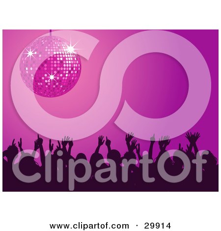 Clipart Illustration of a Silhouetted Crowd Of Men And Women Waving Their Arms In The Air And Dancing Under A Purple Disco Ball In A Night Club by elaineitalia