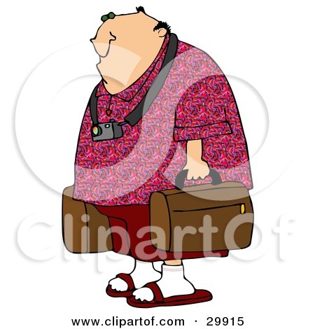 Clipart Illustration of a White Man Dressed In Red, Wearing A Camera Around His Neck And Carrying Luggage In An Airport by djart