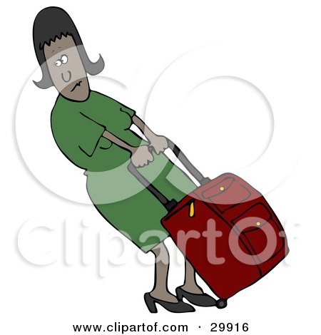 Clipart Illustration of a Black Woman In A Green Dress, Trying To Pull A Heavy Rolling Suitcase by djart