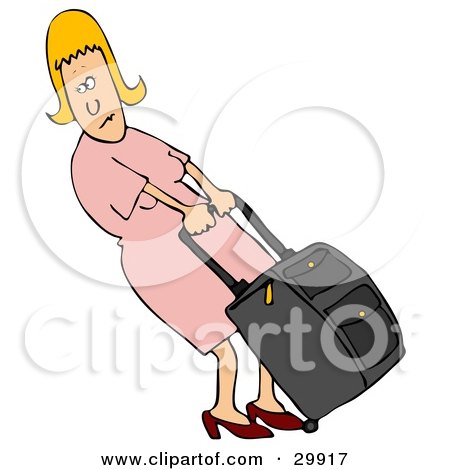 Clipart Illustration of a Blond White Woman In A Pink Dress, Pulling Her Heavy Rolling Luggage by djart