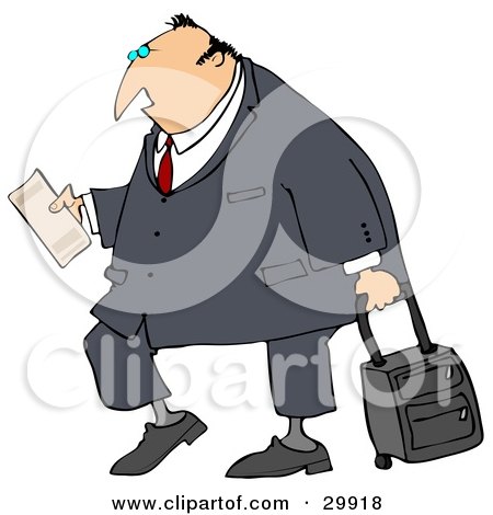 Clipart Illustration of a White Traveling Businessman Carrying His Plane Ticket And Pulling Rolling Luggage by djart