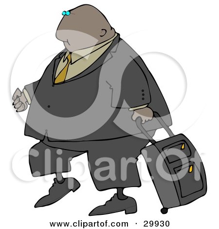 Clipart Illustration of a Black Businessman In A Suit, Pulling A Rolling Suitcase Behind Him by djart