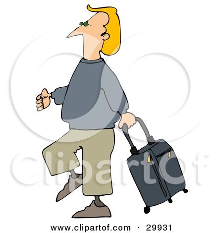 Clipart Illustration of a Blond White Man Walking Through An Airport, Pulling A Rolling Suitcase Behind by djart
