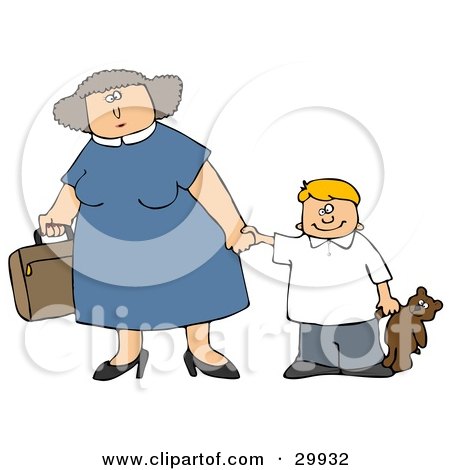 Clipart Illustration of a Mother Carrying A Suitcase And Holding Hands With Her Son That Is Carrying A Teddy Bear by djart