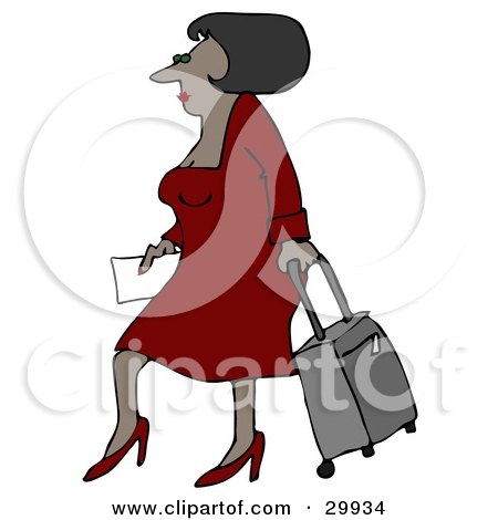 Clipart Illustration of a Sexy Black Woman In A Red Dress And Heels, Walking Through An Airport And Pulling Rolling Luggage Behind Her by djart