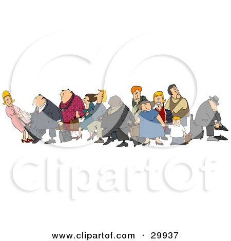 Clipart Illustration of a Crowded Group Of Travelers, Male And Female White And Black Children, Men And Women, With Luggage In An Airport by djart