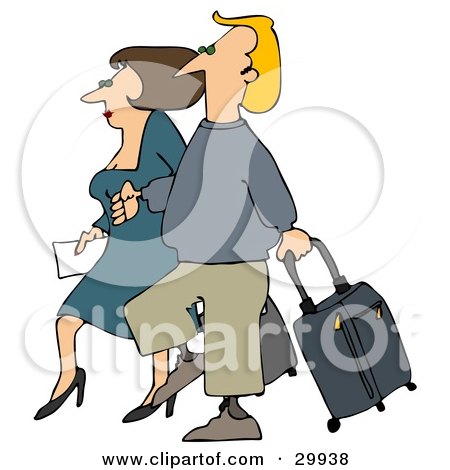 Clipart Illustration of a Brunette Woman And Blond Man Walking Together Through An Airport, With Rolling Luggage by djart