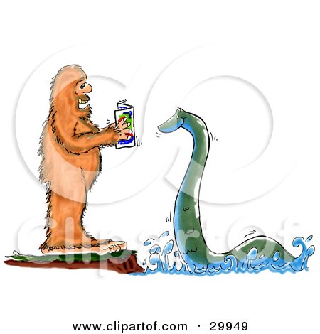 Clipart Illustration of Bigfoot Standing On A Cliff And Reading To The Loch Ness Monster by Spanky Art