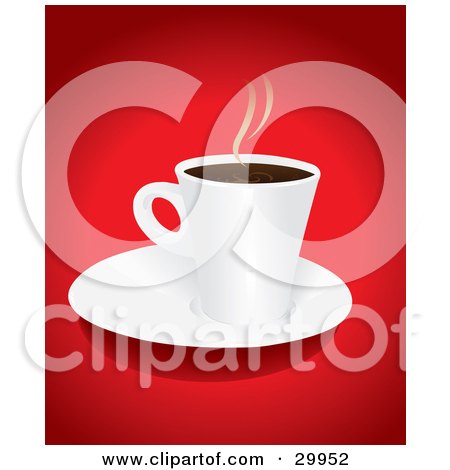 Clipart Illustration of a Hot Cup Of Steaming Coffee Or Hot Cocoa On A White Saucer Over A Red Background by Paulo Resende