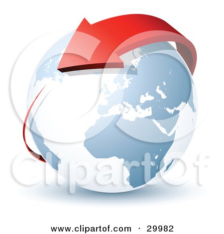 Clipart Illustration of a Pre-Made Logo Of A Red Arrow Circling Planet Earth by beboy
