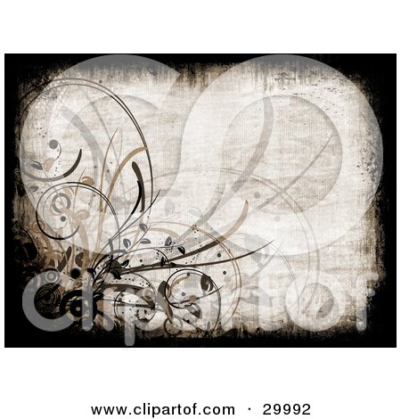 Clipart Illustration of a Black Grunge Border Around A Textured Brown Background With Circles And Grasses by KJ Pargeter