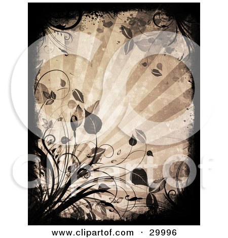 Clipart Illustration of a Black Grunge Border With Leafy Plants, Over A Background Of Rays Of Light by KJ Pargeter