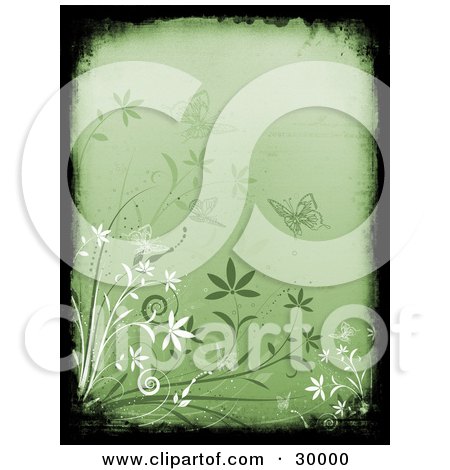 Clipart Illustration of a Black Grunge Border With White And Green Plants And Butterflies Over A Green Background by KJ Pargeter