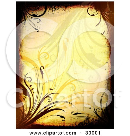 Clipart Illustration of a Brown And Black Grunge Border Over A Yellow Background With Grasses by KJ Pargeter