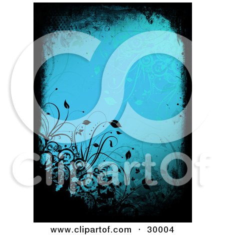 Clipart Illustration of a Black Grunge Border With Circles And Plants Over A Blue Background by KJ Pargeter