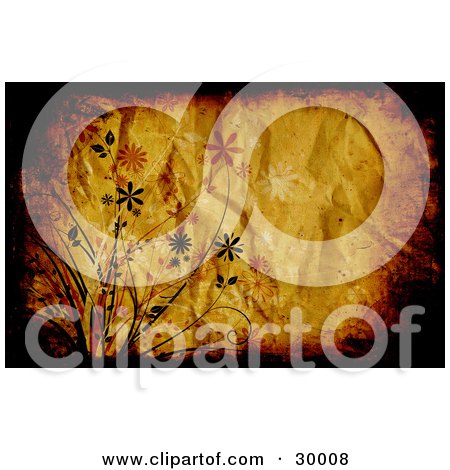 Clipart Illustration of a Wrinkled Orange Background Bordered With Brown And Black Grunge And Flowers by KJ Pargeter