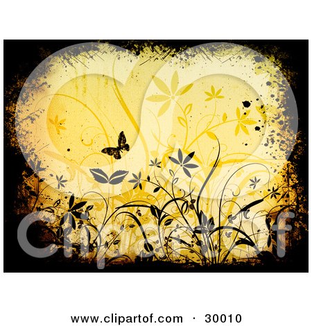 Clipart Illustration of a Black Grunge Border With Butterflies And Plants Over A Yellow Background by KJ Pargeter
