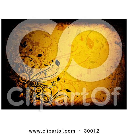 Clipart Illustration of an Orange Background Of Plants, Leaves And Circles, Bordered In Black Grunge by KJ Pargeter