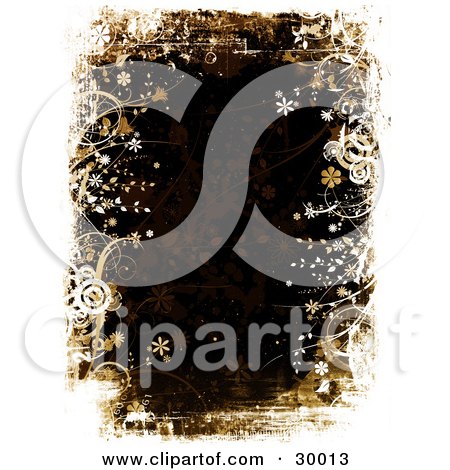 Clipart Illustration of a White Grunge Border Of Flowers And Circles Over A Dark Brown Background by KJ Pargeter