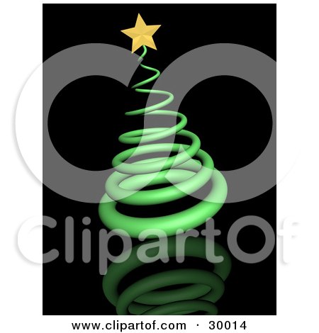 Clipart Illustration of a Green Spiral Christmas Tree Topped With A Golden Star, On A Black Reflecting Surface by KJ Pargeter