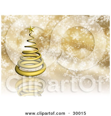 Clipart Illustration of a Gold 3d Spiral Christmas Tree On A Reflective Golden Background With Snowflakes by KJ Pargeter