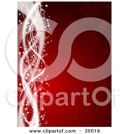Clipart Illustration of a Red Christmas Background With Faded Snowflakes And White Spiraling Waves, Sparkles And Stars Along The Left Edge by KJ Pargeter