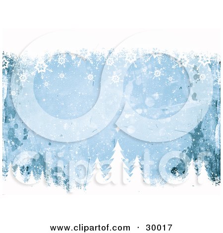 Clipart Illustration of a Blue Grunge Background With Splatters, Bordered By White Snowflakes And Tree Tops by KJ Pargeter