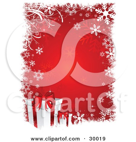 Clipart Illustration of Two White Gifts With Red Ribbons, Over A Red Background Bordered With White Snowflakes And Grasses by KJ Pargeter