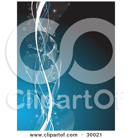 Clipart Illustration of a Blue Background With Waves Of White And Blue With Curls, Sparkles And Stars by KJ Pargeter