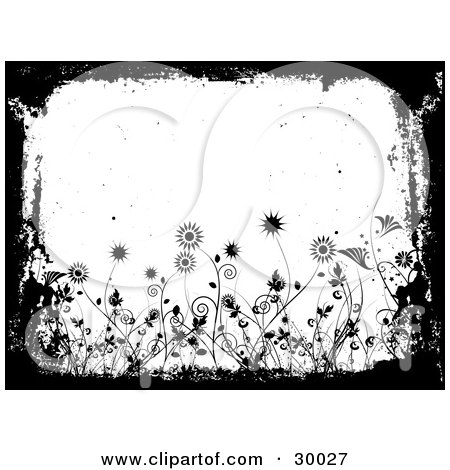 Clipart Illustration of a Black Grunge Border Over White, With Silhouetted Flowering Plants by KJ Pargeter