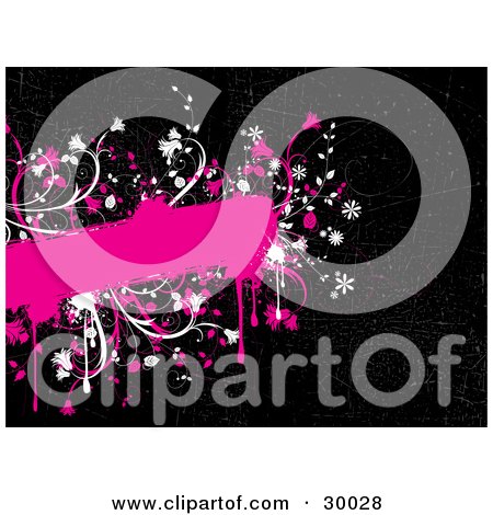 Clipart Illustration of a Pink Grunge Text Box Bordered With White And Pink Flowers And Drips, On A Black Background by KJ Pargeter