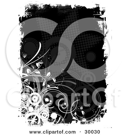Clipart Illustration of Grasses And White Circles Over A Black Background With A White Grunge Border by KJ Pargeter