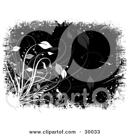 Clipart Illustration of White And Faded Plants Over A Black Background And White Grunge by KJ Pargeter