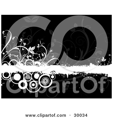 Clipart Illustration of White Grunge Circles And Vines On A Grunge Bar, Over A Black Background by KJ Pargeter