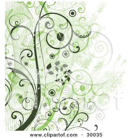 Clipart Illustration of a Background Of Light And Dark Green Waves And Leafy Vines by KJ Pargeter