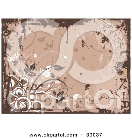 Clipart Illustration of a Dark Brown Grunge Border Over A Brown Background With White And Brown Plants And Circles by KJ Pargeter