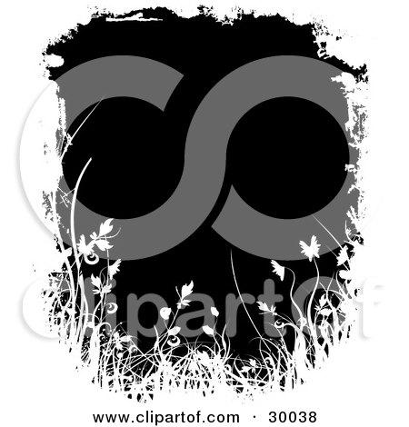 Clipart Illustration of a Border Of White Grunge, Grasses And Plants, Over Black by KJ Pargeter
