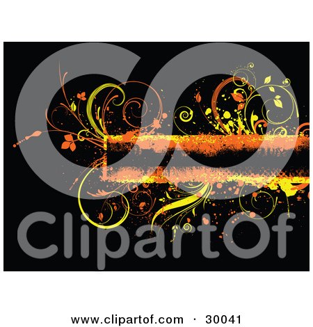 Clipart Illustration of a Black, Orange And Yellow Text Box Bordered With Grunge Grasses And Plants, On A Black Background by KJ Pargeter