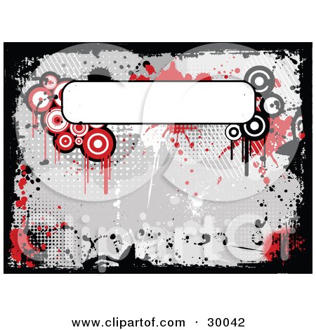 Clipart Illustration of a Blank White Text Box Over A Background Of Red Dripping Grunge Circles On Gray, Bordered By Black by KJ Pargeter