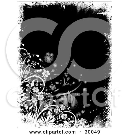 Clipart Illustration of a Black Background Framed In White Grunge, Grasses And Flowers by KJ Pargeter