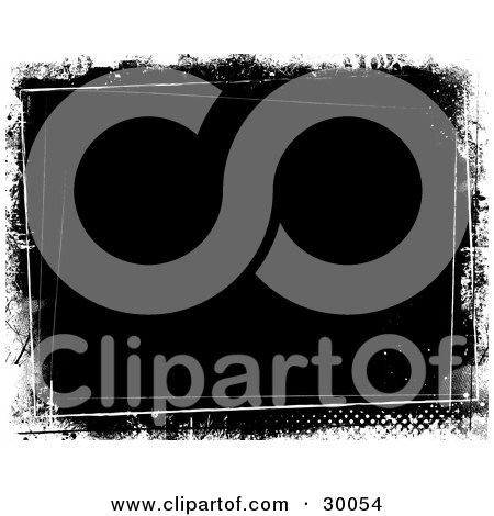 Clipart Illustration of a Black Grunge Background Bordered By White Lines, Splotches And Dots by KJ Pargeter