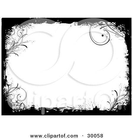 Clipart Illustration of a Black Grunge Border Over White, With Silhouetted Curly Grasses by KJ Pargeter