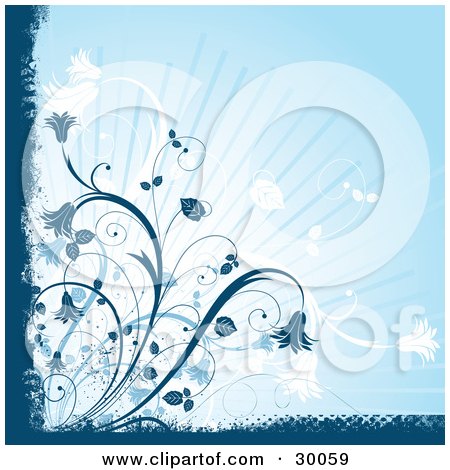 Clipart Illustration of a Blue And White Flowering Plants In The Corner Of A Blue Background With Light Rays, Bordered By Blue Grunge by KJ Pargeter